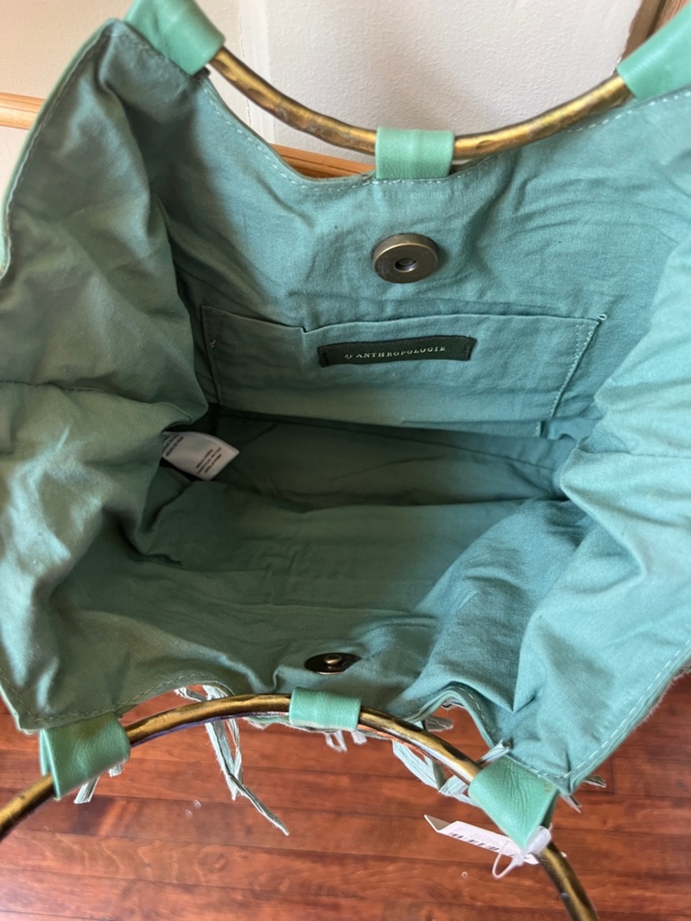 NWT Anthropologie Mint Green Woven Fringe Tote with Gold Ring Handles - Picture 2 of 5